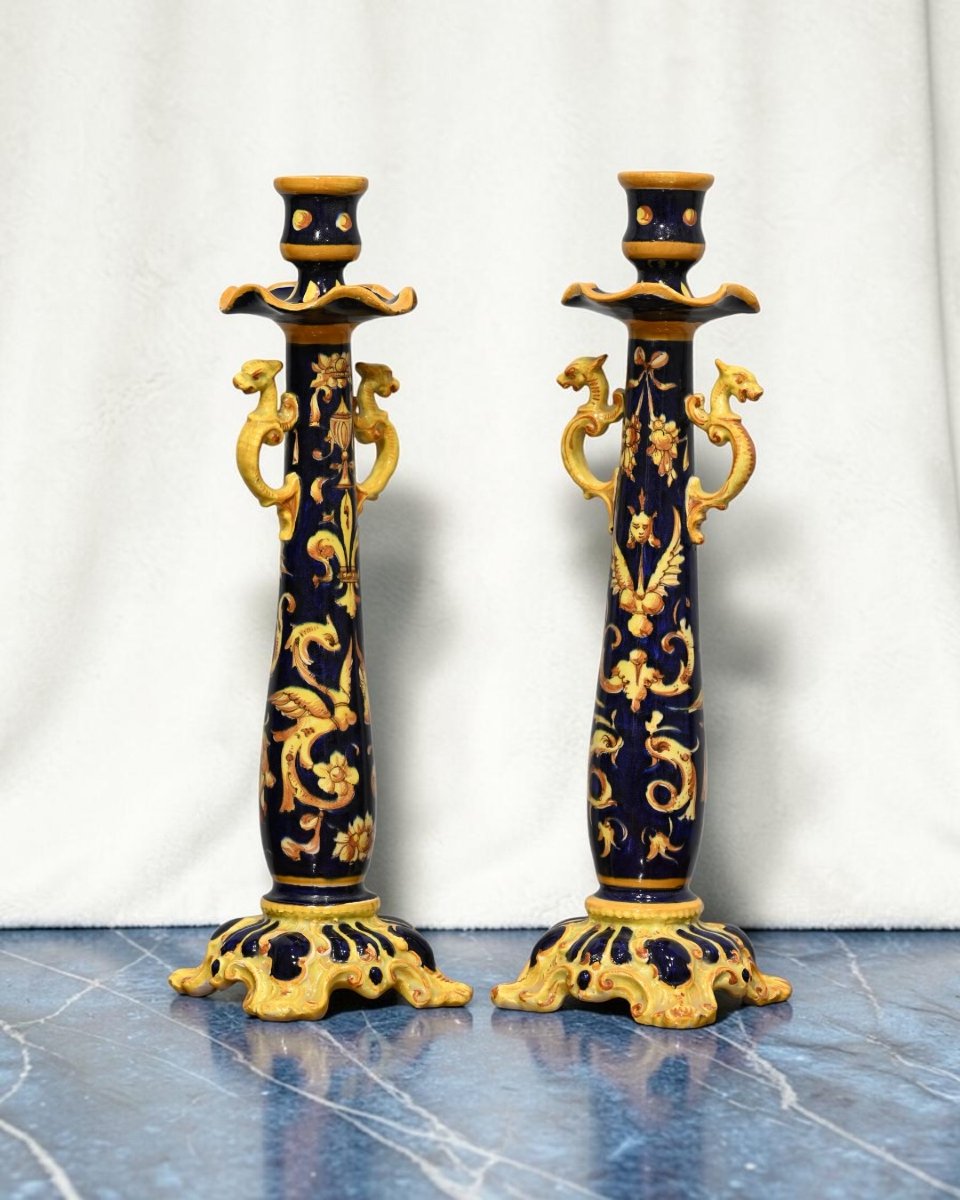 Coppia Di Candelieri In Ceramica Policroma - Italia Inizio XX Secolo-photo-3